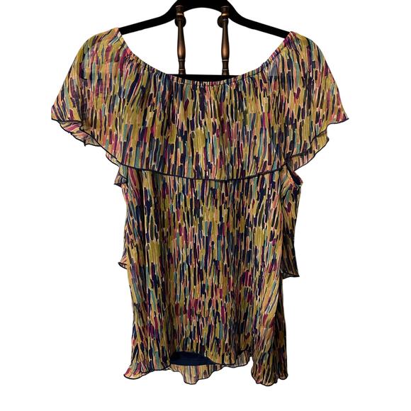 Spence Ribbon Print Chiffon Blouse Size Large Ruffle SS 
Lightweight Sheer Top - Picture 2 of 7